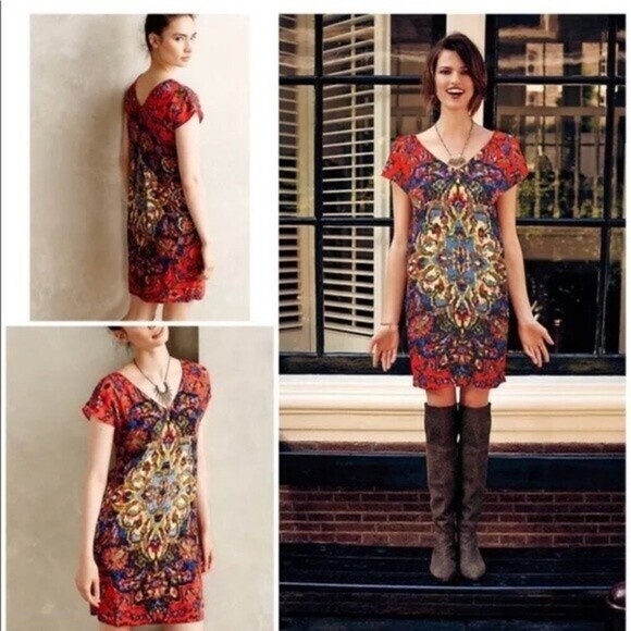 Maeve Mediallion red print dress by Anthropologie small petite floral - Picture 2 of 9